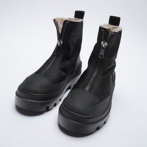 NWOB Zara Black Front Zipper Ankle Boots Faux Fur Lining Size US 6.5 EU 37